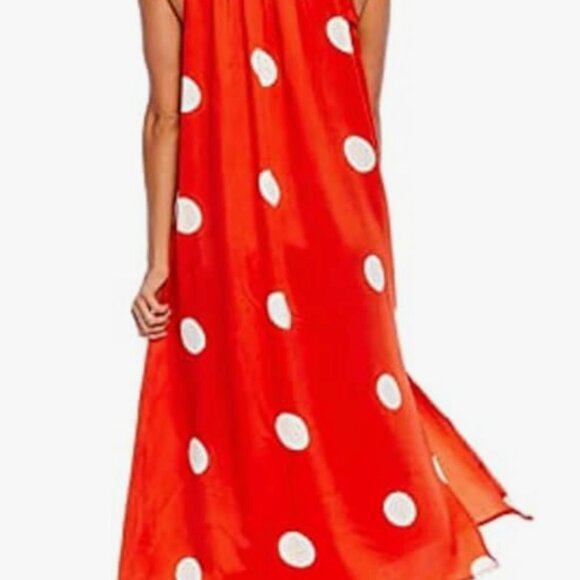 Women's MUD PIE Maxi Tie at Neck Orange PolkaDot Satin Crepe M/L NWOT - Picture 3 of 9